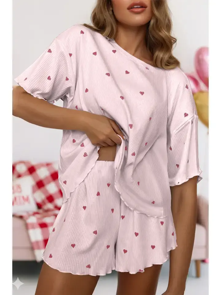 Valentine Heart Shape Print Ribbed Knit Short Lounge Set