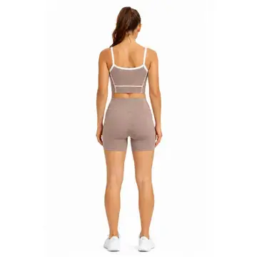 Thumbnail: White Contrast Crop Sports Bra with Matching Shorts Yoga Set