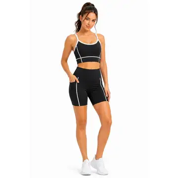White Contrast Crop Sports Bra with Matching Shorts Yoga Set