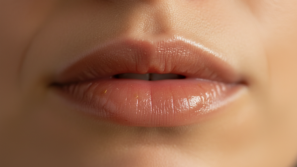 Close-up view of natural lip balm applied on lips