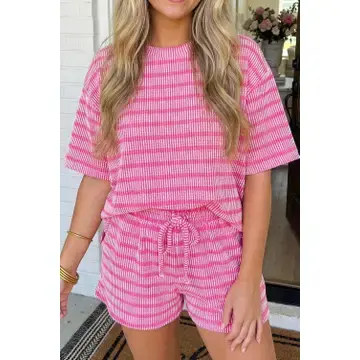 Thumbnail: Las Stripe Raised Rib Tee Drawstring 2pcs Short Set