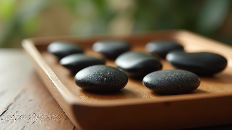 Close-up view of smooth hot stones arranged on a wooden tray ready for a hot stone massage