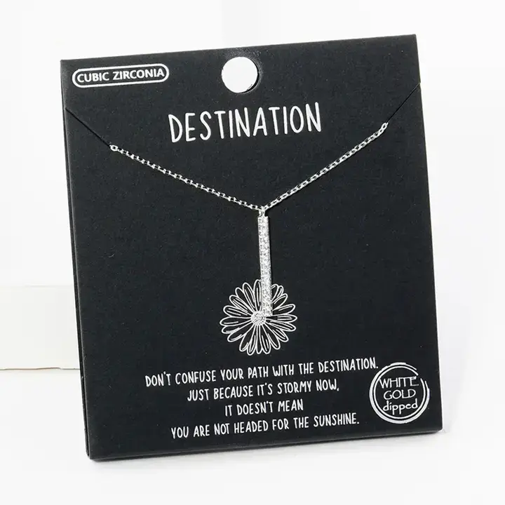 Thumbnail: Silver dandelion necklace on 'Destination' black card