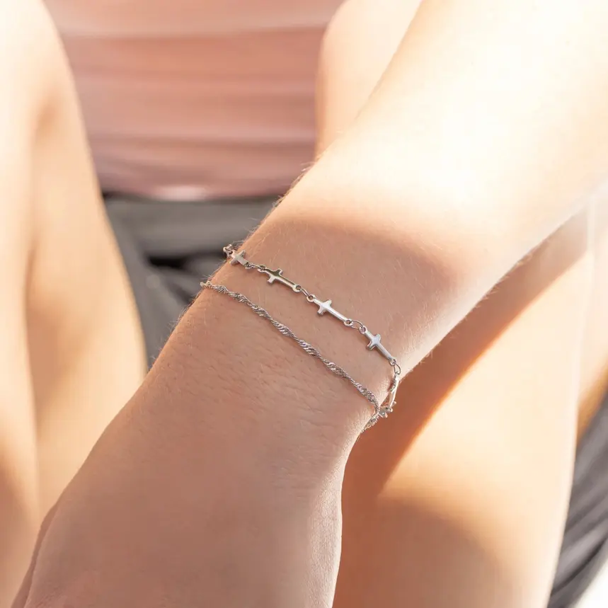 Thumbnail: 18K Gold PVD stainless steel cross chain bracelet on arm