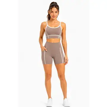 Thumbnail: White Contrast Crop Sports Bra with Matching Shorts Yoga Set