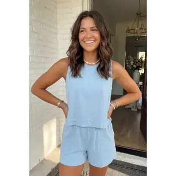 Thumbnail: Las Stitched Detail Loose Tank Top 2pcs Short Set