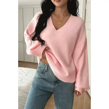 Solid V-Neck Loose Knit Vintage Sweater