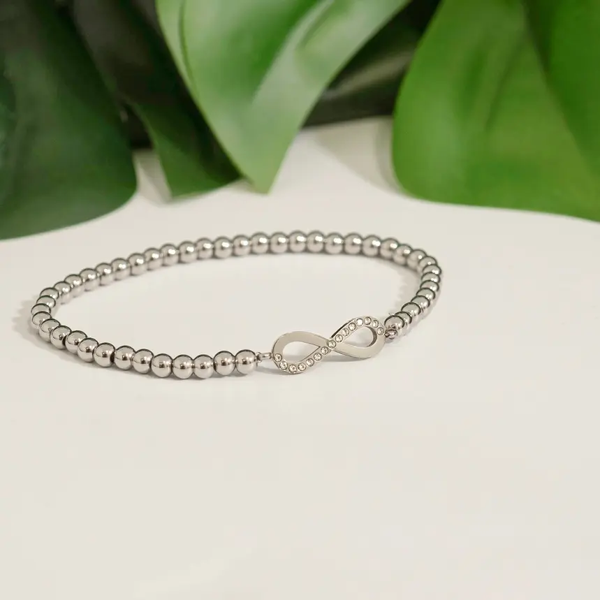 18K Gold Pvd Stainless Steel Stone Infinity Sign Metal Beaded Stretch Bracelet