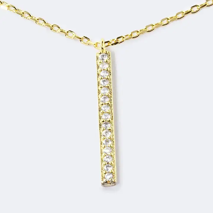 18K Gold Dipped Pave Set Cz Vertical Bar Pendant Necklace