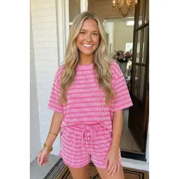 Thumbnail: Las Stripe Raised Rib Tee Drawstring 2pcs Short Set