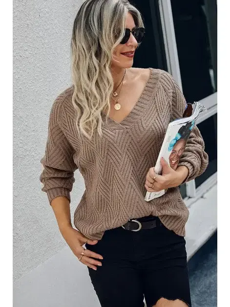 Thumbnail: V Neck Solid Knit Geometric Texture Sweater
