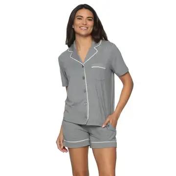 Thumbnail: Woman wearing gray Jessie Stretch Jersey Shorts Sleeve & Shorts