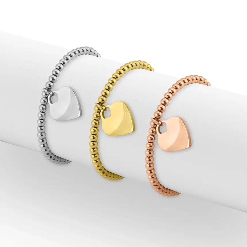 18K Pvd Coated Stainless Steel Heart and Bead Stretch Bracelet