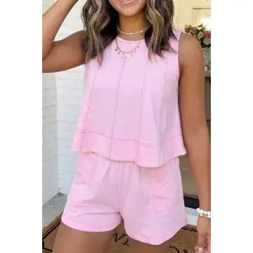 Las Stitched Detail Loose Tank Top 2pcs Short Set