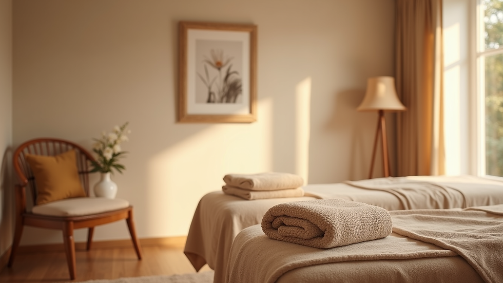 High angle view of a cozy massage room with soft blankets and calming decor