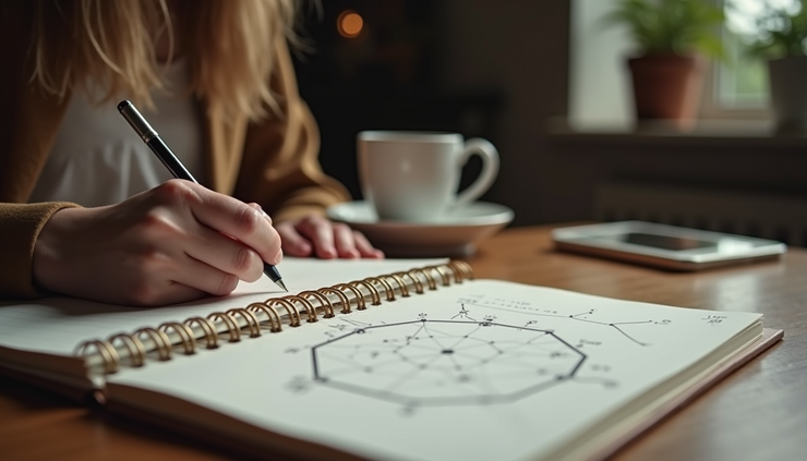 Eye-level view of a person journaling with a Virgo constellation chart nearby
