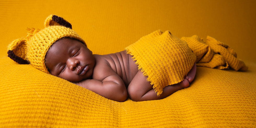 Newborn baby sleeping peacefully, wrapped in a mustard yellow knit blanket and hat with bear ears, on a matching yellow textured background. Newborn photoshoot at zen shots photography.