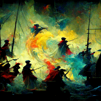 LeoL_Pirates_battle_evil_epic_heroic_escape_kandinsky_painting_0ad786d3-366e-447a-9be2-5b4
