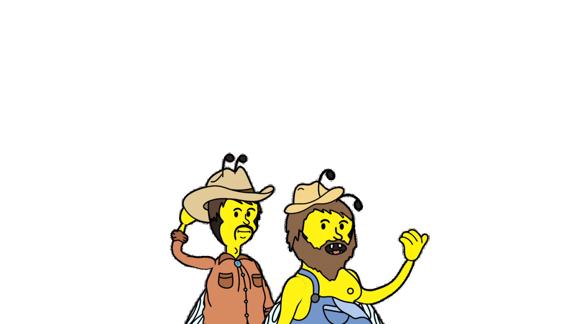 Skeet and Duff from the Beetlebees wave and beckon toward the viewer.