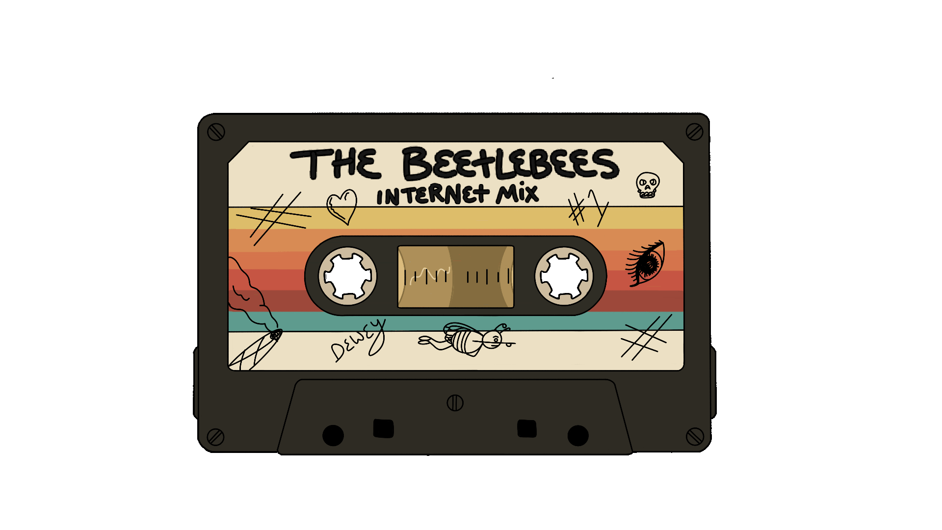 Animated retro cassette tape covered in hand-drawn artwork labeled "The Beetlebees Internet Mix."