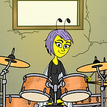 Alivia, a purple-haired bee character, plays the drums inside The Beetlebees' practice space.