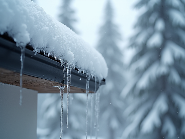 Close-up detail shot of ice damming on a roof valley, showing water infiltration against a