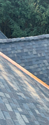 Wide view of Owens Corning Duration shingles with copper valley flashing along the roof edge, Worcester, MA