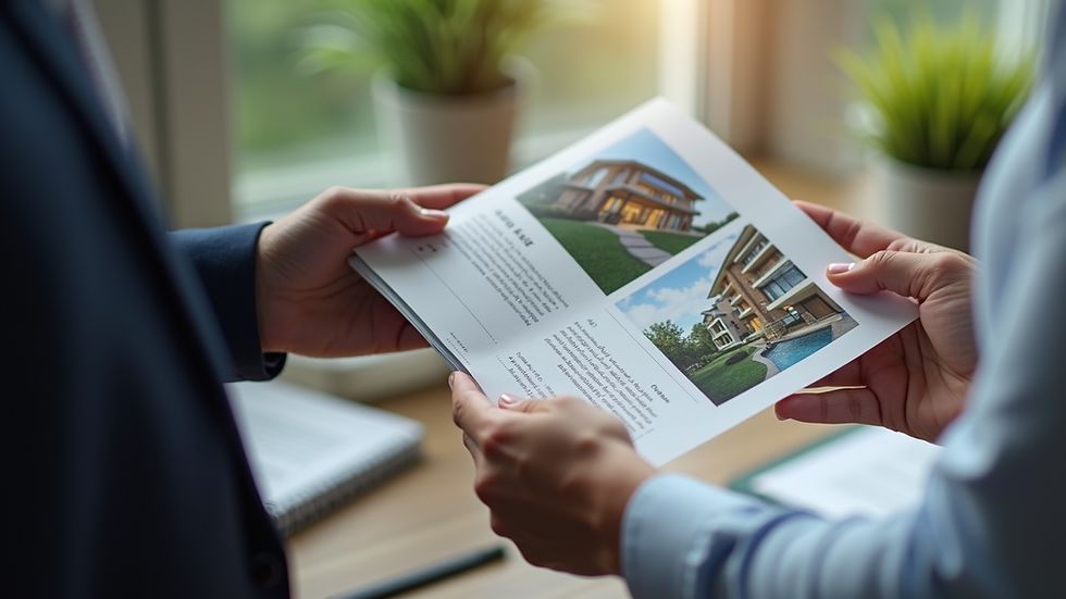 Close-up view of a real estate agent showing a property brochure to a client