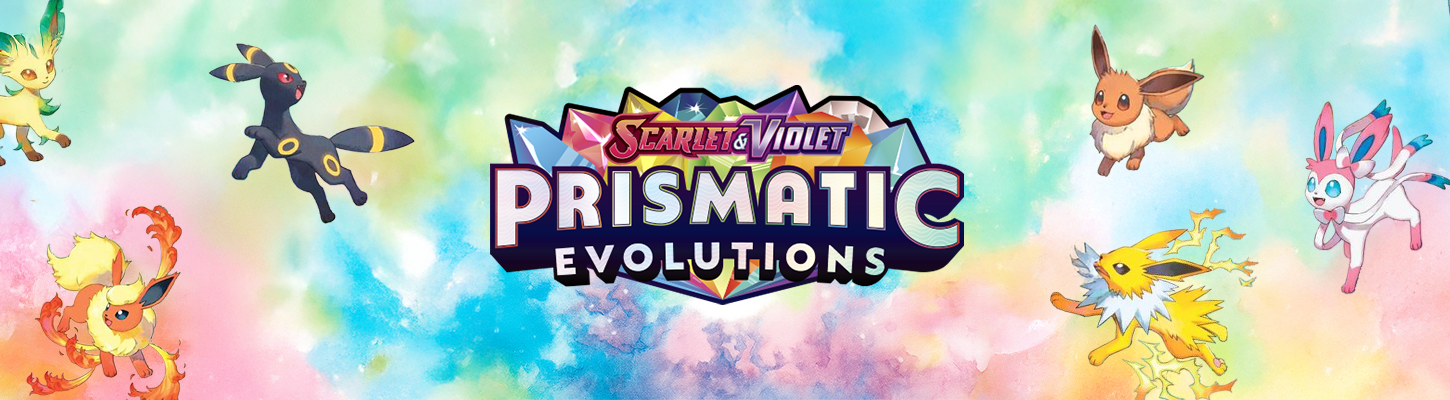 Pokémon Scarlet & Violet Prismatic Evolutions TCG banner featuring Eeveelutions in colorful rainbow background