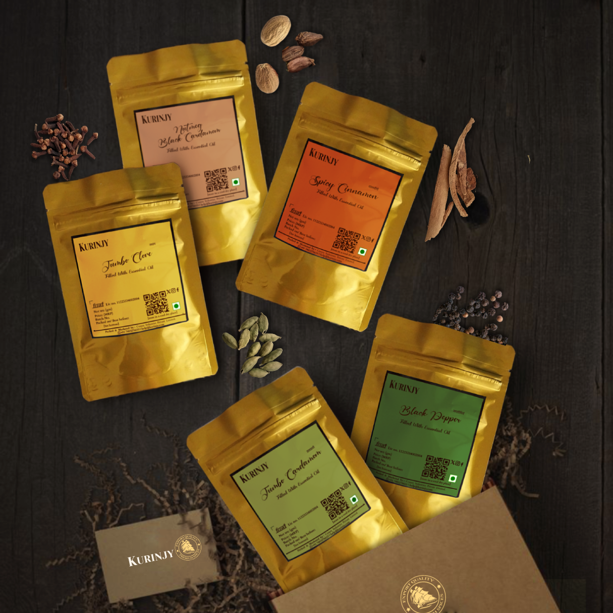 Spice Combo, 5 packs, 220g; Cardamom Cinnamon Clove Moti-Elaichi Star-Anise