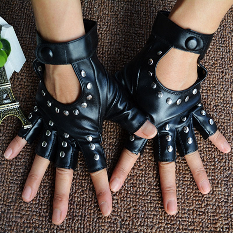 Thumbnail: 1 Pair Halloween Black Pu Leather Fingerless Gloves Female Half Finger Driving 