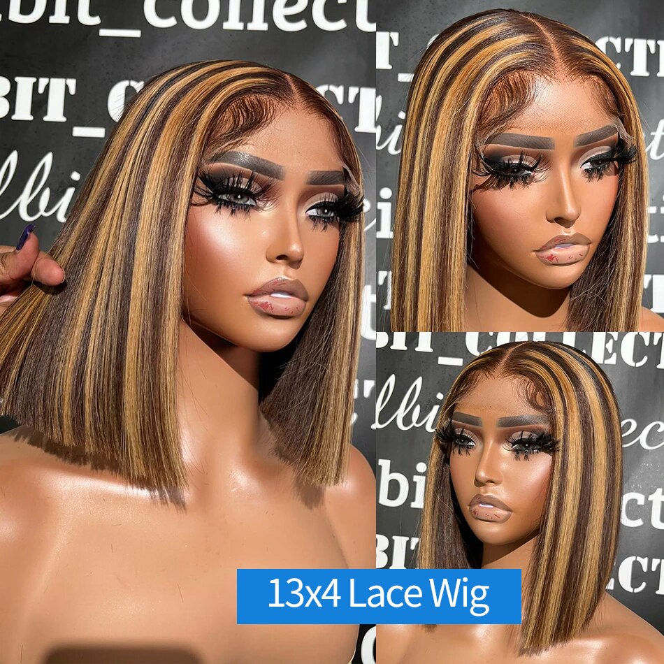Thumbnail: Short Bob Highlight Ombre Brown 13x4 Bone Straight Lace Wig Human Hair Brazilia