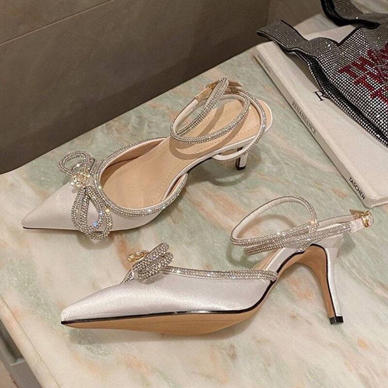 Thumbnail: 2023 New Fashion Glitter Rhinestones Women Pumps Crystal Bowknot Silk Pointed T