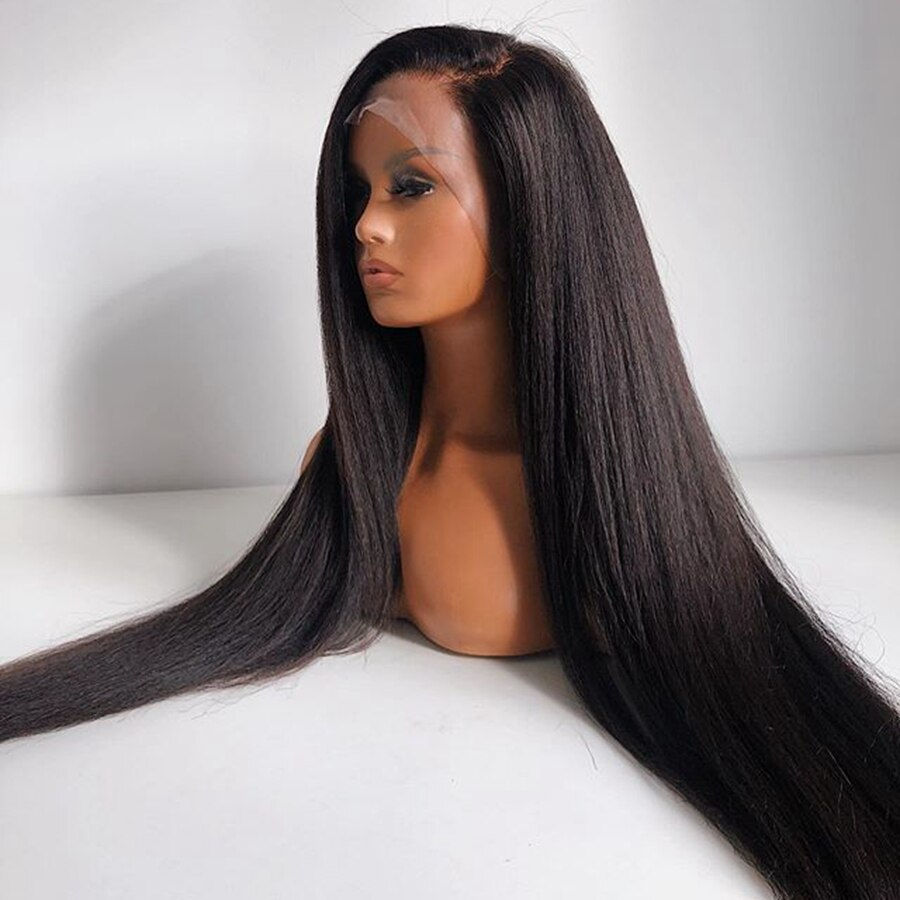 Thumbnail: Soft Long 28inches Natural Black 180Density Yaki Kinky Straight Deep Lace Front