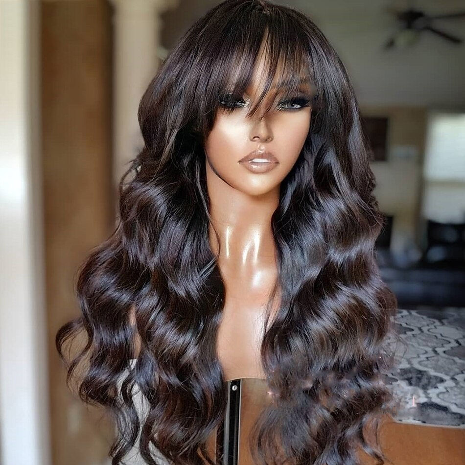Soft Natural Black Body Wave 26"Long 180Density Machine Wig With Bangs For Blac