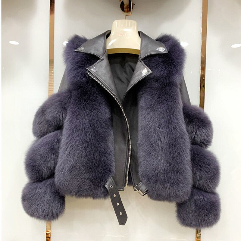 Thumbnail: Aviator Fashion Fox Fur Jacket Woman Genuine Leather Natural Fur Coat with belt
