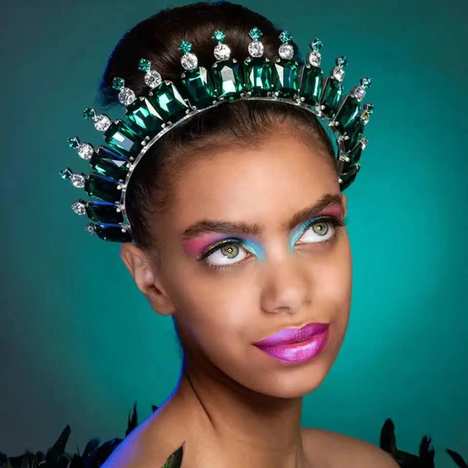 Thumbnail: Baroque Handmade Green Crystal Tiara Crown Luxury Princess Queen Rhinestone Tia