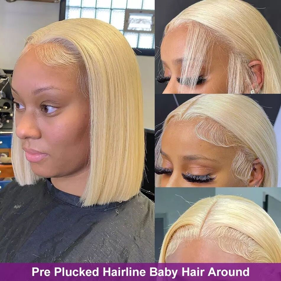 Thumbnail: Human Hair Lace T Part Wig 13x1 Lace Wig Brazilian Straight Bob Wig 613 Blonde 