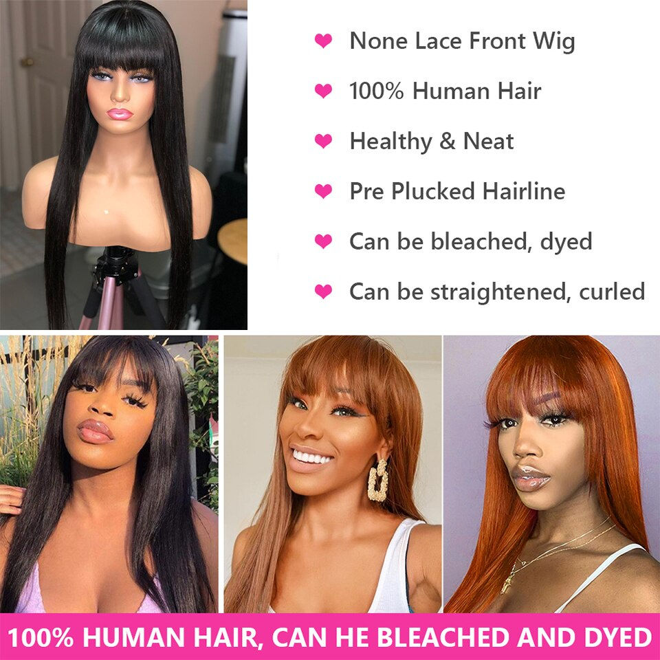Thumbnail: Straight Wig With Bangs Fringe Bob Human Hair Wig For Women Brazilian Remy Hair