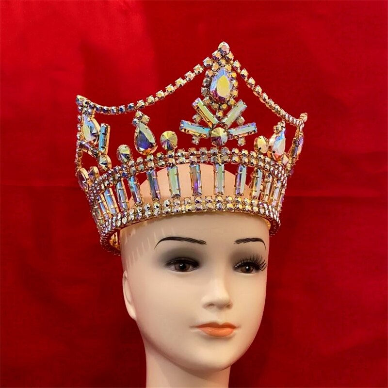 Thumbnail: New Luxury AB Colored Large Crystal Tiara Crown Bridal Wedding Shining Rhinesto