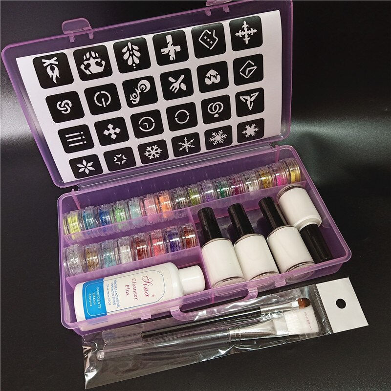 Thumbnail: Temporary Diamond Glitter Tattoo Kit 24 Colors Powder 4 Glue Stencil Hollow Tem