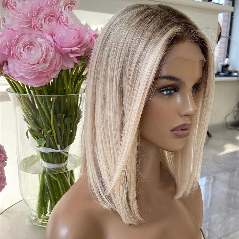 Thumbnail: Soft Ombre Blonde Short Cut Bob 613 Natural Hairline Silky Straight Lace Front 