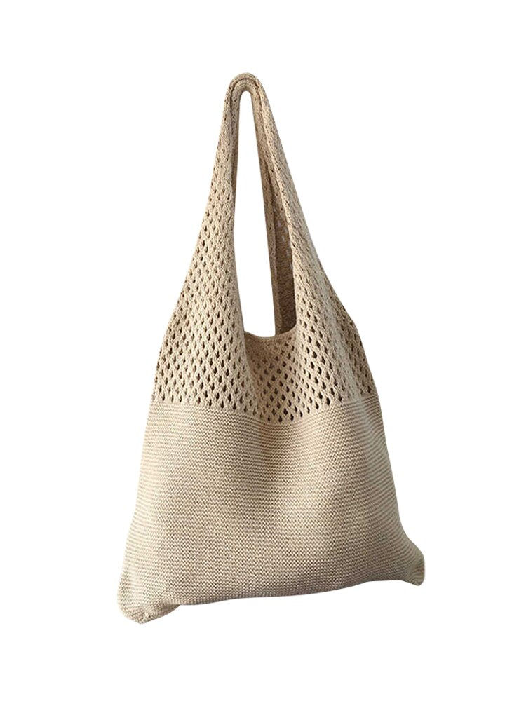 Thumbnail: Female Simple Retro Solid Color Hollow Knitted Handbag Knitting Woolen Large Ca