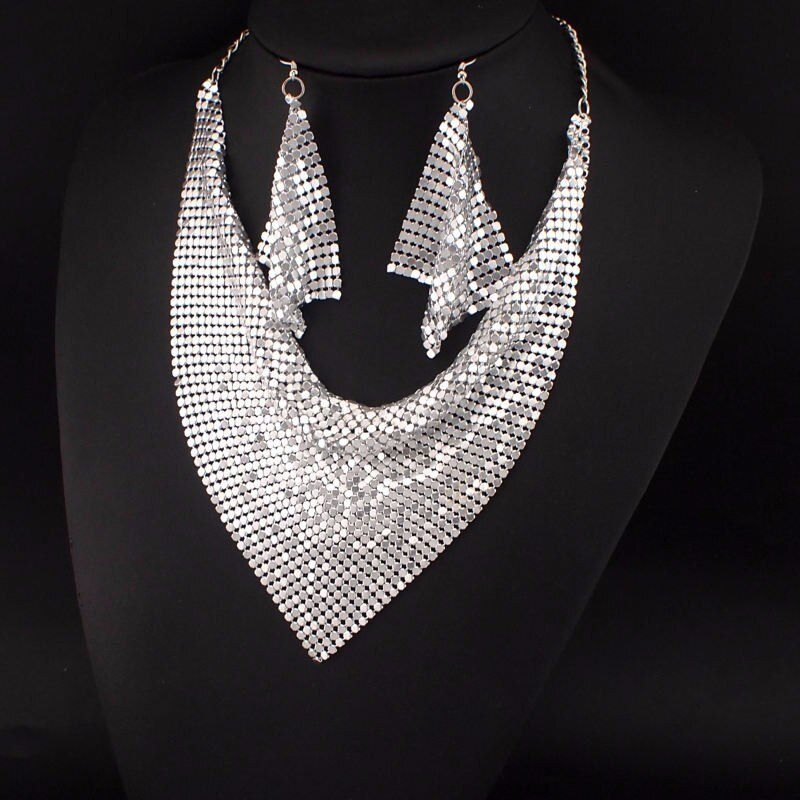 Thumbnail: Indian Jewelry Set Shining Rhinestone Metal Slice Bib Choker Necklaces Earrings