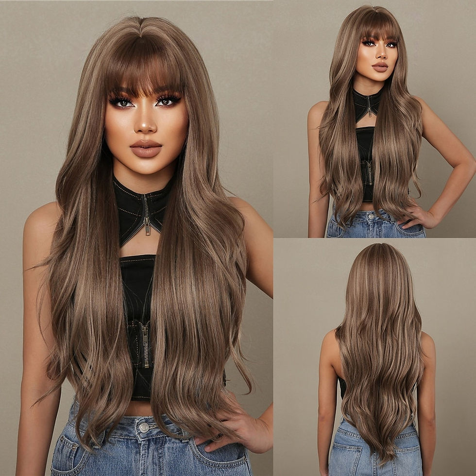 Thumbnail: HAIRCUBE Brown Mixed Blonde Synthetic Wigs with Bang Long Natural Wavy Hair Wig