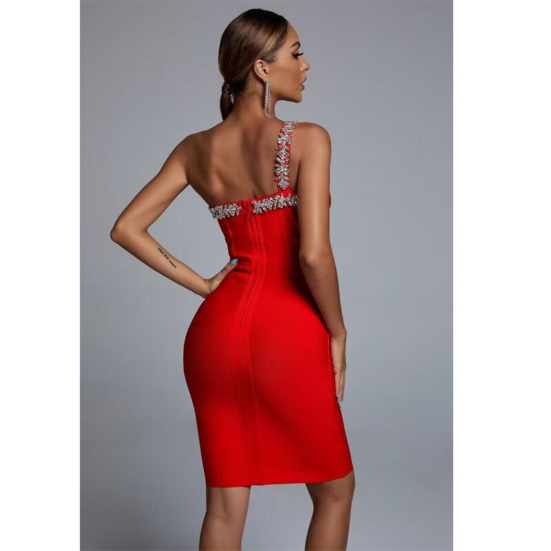 Thumbnail: Summer Sleeveless Backless Diamond One Shoulder Diamond Mini Bandage Bodycon Ce