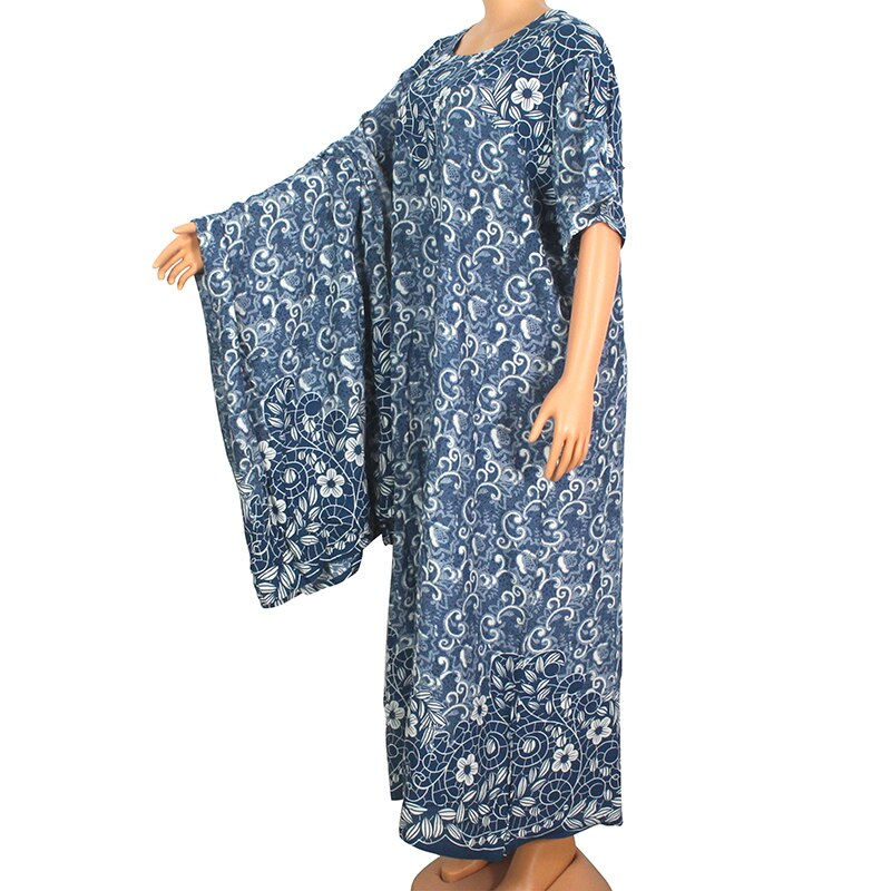 African Blue 100% Cotton Floral Print Short Sleeve O-Neck Maxi