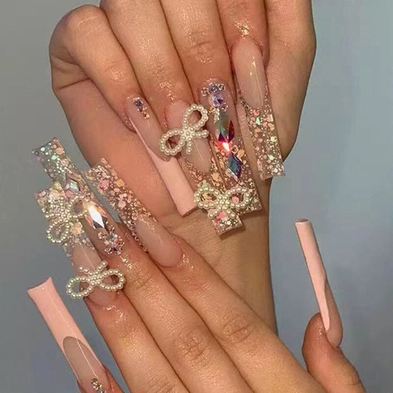 Thumbnail: 24Pcs False Nails Rhinestone Glitter Marble Grain Design Fake Fingernails Long 