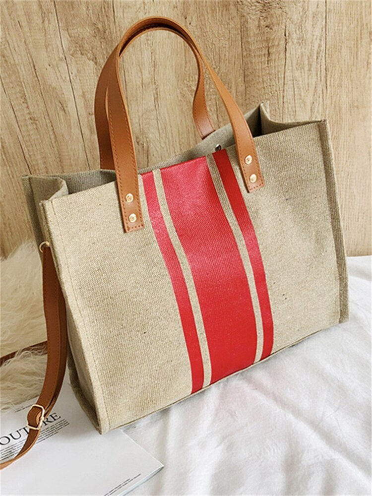 Thumbnail: New Fashion Trend Patchwork Color Striped Canvas Handbag Casual Large Capacity 