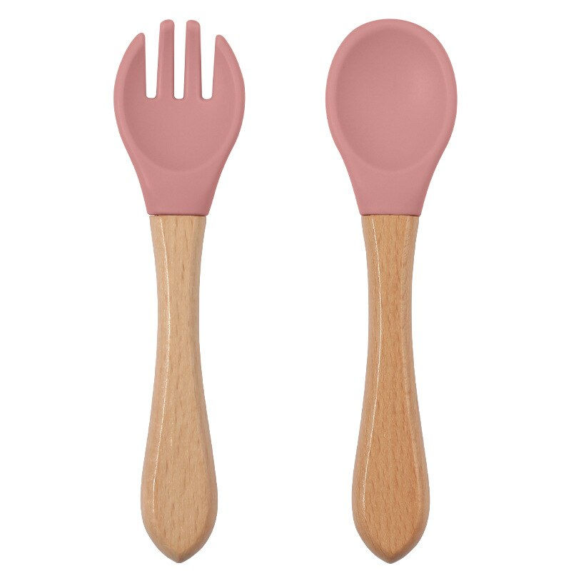 Thumbnail: 2PCS BPA Free Baby Silicone Spoon Fork Set Wooden Handle Baby Feeding Spoon For